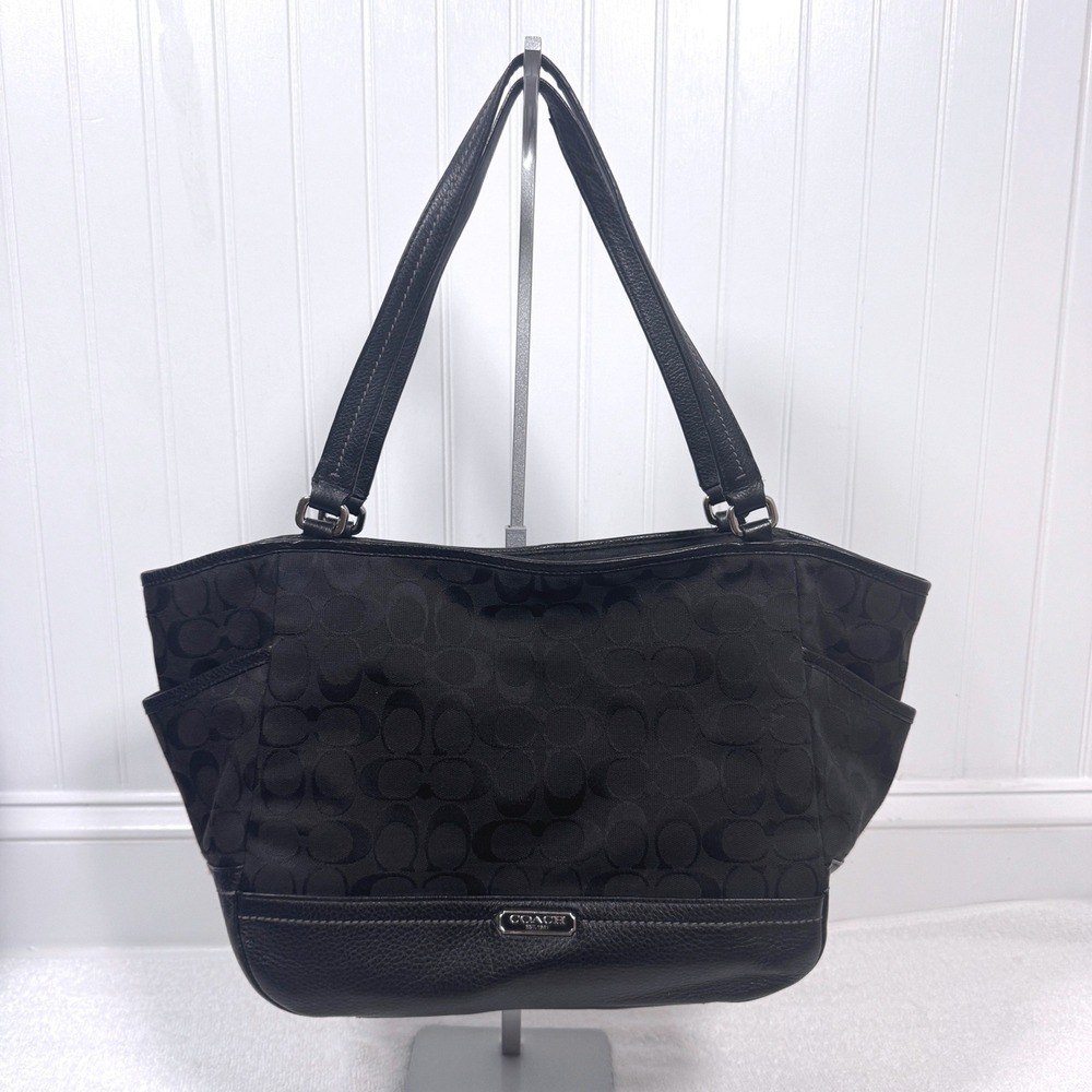 Coach Park Signature Carrie Tote Shoulder Bag Black Leather Trim F23297